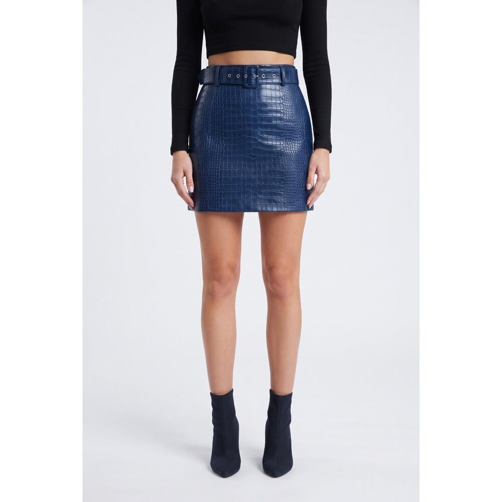 Naked Wardrobe Blue Buckle Up Croc Embossed Minis Skirt Size SM